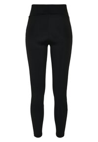 Černé legíny vyrobené z pružného materiálu, s vysokým pasem, úzkým střihem a bez viditelných vzorů nebo kovových detailech. Hladký povrch po celé délce.