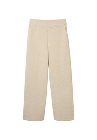 Ljusbeiga vida byxor gjorda av mjukt tyg, med en slät yta, utan synlig hårdvara och sidfickor.