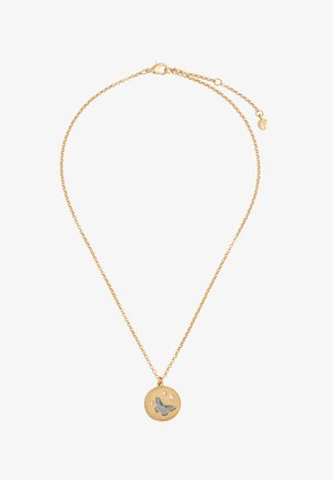 Kullast kett-kaelakee ümmarguse ripatsiga, millel on sinine liblikas ja kolm väikest sädelevat kivi valgel taustal.