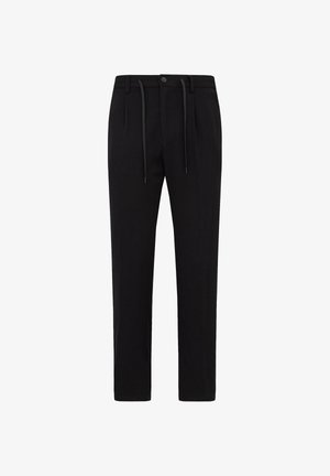 Black trousers made from a textured fabric, featuring a drawstring and button closure, with a straight-leg design and no visible patterns.