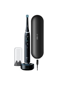 Brosse à dents électrique avec un design noir et tacheté ; comprend une base de chargement, un étui de protection et un capuchon de voyage transparent. Présente une tête de brosse ronde.
