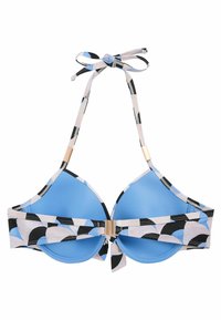 Kék párnázott bikini felső fekete és világos rózsaszín geometrikus mintával. Állítható pántokkal rendelkezik, és arany csattal van ellátva a középső részen.
