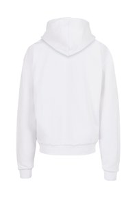 Hvid hættetrøje med lange ærmer, cropped design, blød tekstur, ribbede mansjetter og kant, ingen synlig branding eller mønstre.