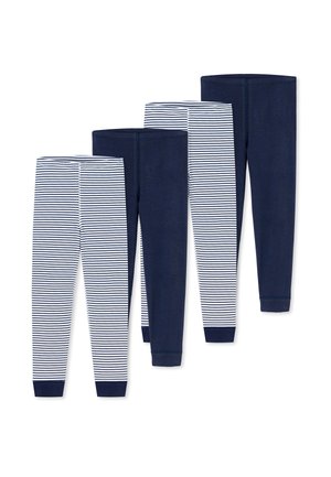Fire par lange leggings arrangeret side om side, skiftevis ensfarvet navyblå og hvid med tynde navyblå vandrette striber.