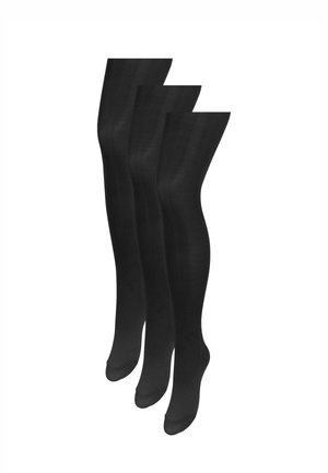 Három pár fekete, átlátszatlan harisnya egymás mellé helyezve fehér háttéren.