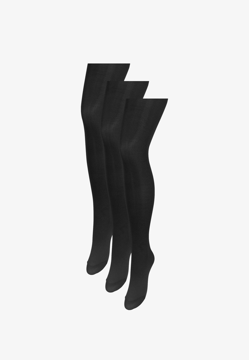 Trois paires de collants opaques noirs disposées côte à côte sur un fond blanc.