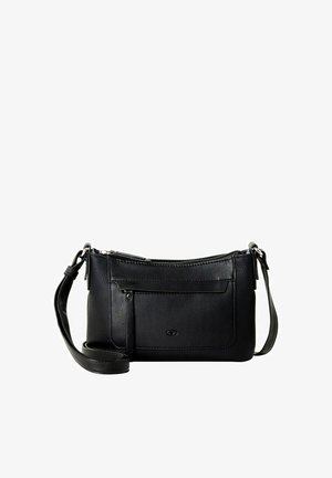 Juodasis odinis kryžminio kūno krepšys su tekstūruota paviršiumi, užtrauktuku uždaromu pagrindiniu skyriumi, priekiniais kišeniais ir reguliuojamu diržu. Sidabrinės detalės.