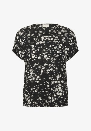 Blouse noire à manches courtes avec un imprimé floral blanc, coupe décontractée, encolure ronde et ourlet froncé. Texture légère et douce.