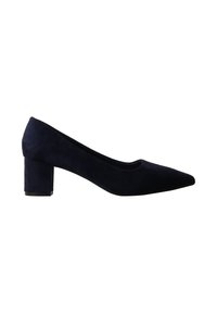 Escarpin femme en daim noir à talon bas, avec bout pointu et talon bloc, vu de profil sur fond blanc.