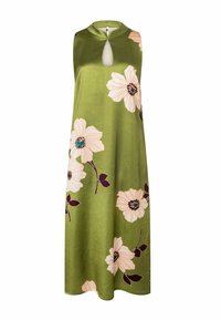 Ärmelloses Maxi-Kleid in Olivgrün mit hohem Hals und Schlitz am Ausschnitt, verziert mit großem weißem Blumenmuster und dunklen Stängeln sowie Blättern.