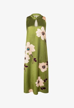 Mouwloze maxi-jurk in olijfgroen met hoge hals en keyhole-uitgesneden, met grote witte bloemenprint met donkere stelen en bladeren.