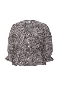 Camicia con bottoni, maniche voluminose, vita arricciata, stampa floreale nera e rosa e polsini arricciati. Il tessuto ha una texture morbida.