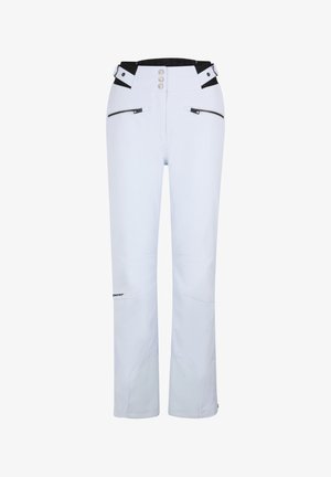 Weiße Schneehosen mit einem eleganten Design, schwarzen Akzenten, einem hohen Bund mit Knöpfen und mit Reißverschlüssen versehenen Fronttaschen für sicheren Stauraum.