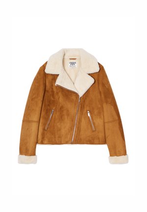 Brown faux suede jacket with a cream fleece collar, two zip pockets, and zip front closure. Cuffed sleeves with fleece trim.