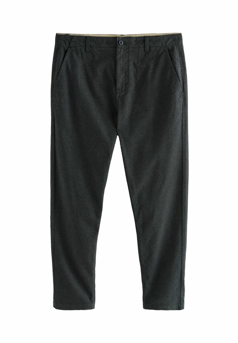Dark gray corduroy pants with belt loops, front button, zipper fly, and slanted side pockets, shown flat on a white background.