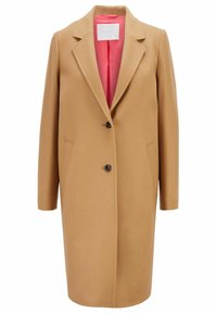 Manteau long en laine couleur chameau avec revers crantés, deux boutons noirs à l'avant, poches latérales et doublure intérieure rose visible.