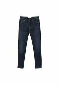 Jeans de mezclilla azul oscuro con corte ajustado, diseño de cinco bolsillos y costuras en contraste. Cuenta con una cremallera y trabillas para el cinturón.