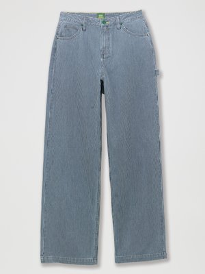 Gestreepte wijde broek in blauw en wit met een knoopsluiting, riemlussen, zijzakken en een zachte, gestructureerde stof.
