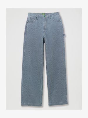 Striped wide-leg trousers in blue and white with a button closure, belt loops, front pockets, and a soft, textured fabric.