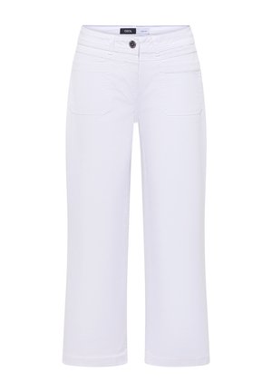 Hvide cropped denimbukser med frontknap, bæltestropper og to forsyninger foran fra Cecil mærket.