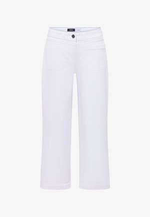Pantaloni corti bianchi in denim con bottone frontale, passanti per cintura e due tasche applicate davanti del marchio Cecil.