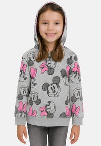 Felpa grigia in cotone con varie stampe di Topolino e Minnie Mouse. Presenta un cappuccio con dettagli rosa e polsini a costine.