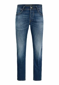 Denim jeans in een middelblauwe wassing met lichter vervaagde delen, recht gesneden, vijf zakken, knoopsluiting en stiksels als accent.