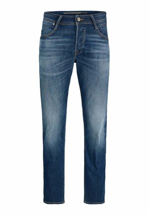 Denim jeans in a medium blue wash with lighter fades, straight leg design, five pockets, button closure, and stitching accents.