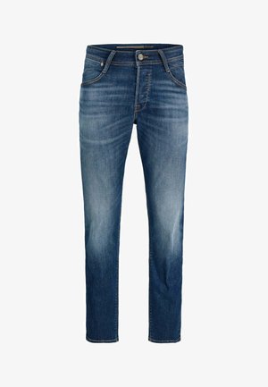 Jeans in denim di un blu medio con schiariture più chiare, design a gamba dritta, cinque tasche, chiusura con bottone e dettagli di cucitura.