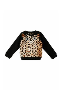 Schwarzer Pullover mit Leopardenmuster auf der Vorderseite, der ein strukturiertes Tiergesicht mit großen Augen und Ohren zeigt, lange Ärmel und Rundhalsausschnitt hat.