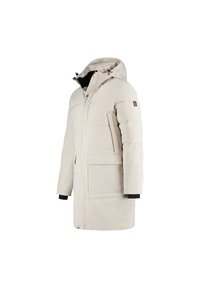 Lichtbeige lange gewatteerde winterjas met capuchon, voorrits, drukknoopsluiting, twee handzakken en een logo-opdruk op de linker mouw.