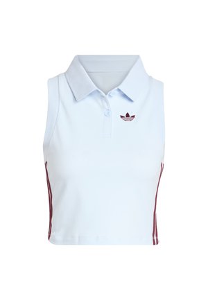 Polo sin mangas recortado en algodón azul claro, con cuello, cierre de botones en el frente y franjas laterales granate con un pequeño logo.