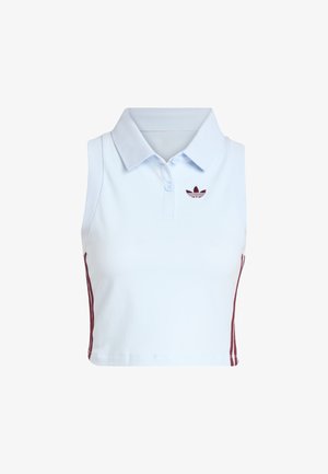 Polo sin mangas recortado en algodón azul claro, con cuello, cierre de botones en el frente y franjas laterales granate con un pequeño logo.