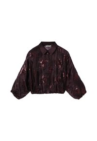 Chemisier en satin bordeaux raccourci avec un col pointu, fermeture à boutons et manches bouffantes, orné de motifs floraux en sequins.