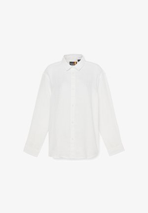 Chemise blanche à manches longues, design boutonné, col, fabriquée en tissu léger, arborant un logo subtil sur la poitrine avec un ourlet droit.