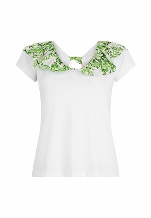 T-shirt bianca a maniche corte, con un collettino a balze con motivo floreale verde e un dettaglio a occhio sul retro. Materiale in cotone morbido.