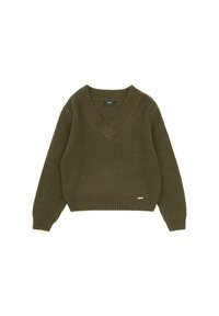Zielono-oliwkowy, dziany sweter, z dekoltem w kształcie litery V, o ribbowym wykończeniu, długich rękawach i skróconej długości, z małą metką marki na dolnym brzegu.