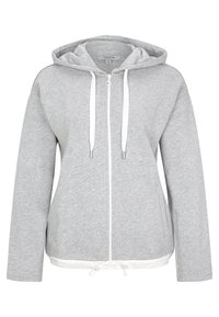 Sudadera con capucha gris y ligera con cremallera frontal, cordones blancos y dobladillo blanco. Cuenta con una capucha grande y mangas largas. Textura de tela suave.