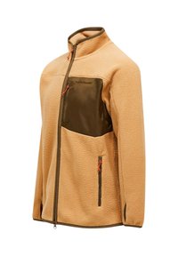 Fleecejacke in Beige mit braunen Akzenten, hohem Kragen, durchgehendem Reißverschluss und zwei Reißverschlusstaschen. Verfügt über ein strukturiertes Gewebe und kontrastierende Details.
