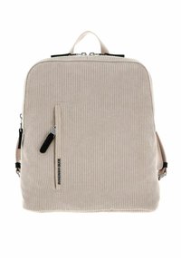 Sac à dos en velours côtelé beige clair avec une texture lisse, compartiment principal zippé, poche avant et éléments métalliques noirs.