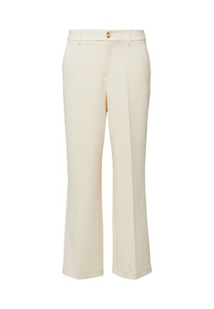 Crèmekleurige rechte broek met een tailleband met knopen, riemlussen en voorplooidetails.