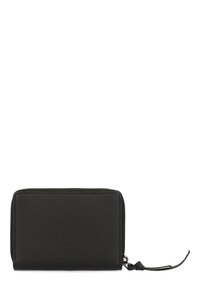 Black leather wallet with a textured finish, zip-around closure, and a decorative pull tab. Rectangular shape with minimalistic design.