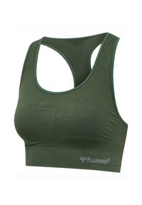 Bezszwowy ciemnozielony sportowy biustonosz z tyłem typu racerback i logo "hummel" na dolnym pasku, zaprojektowany dla wsparcia i komfortu.