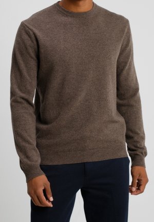 Brown wool sweater with a round neck, long sleeves, and a soft texture. Features ribbed cuffs and waistband, simple design with no patterns.