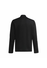 Camisa negra de manga larga con una textura suave y lisa y un cuello. Presenta un diseño simple y limpio sin patrones ni acentos visibles.