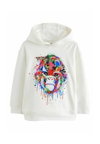 Felpa bianca con cappuccio caratterizzata da una grafica colorata di una gorilla e schizzi di vernice, grande design centrale e cappuccio con cordini. Tessuto in cotone morbido.