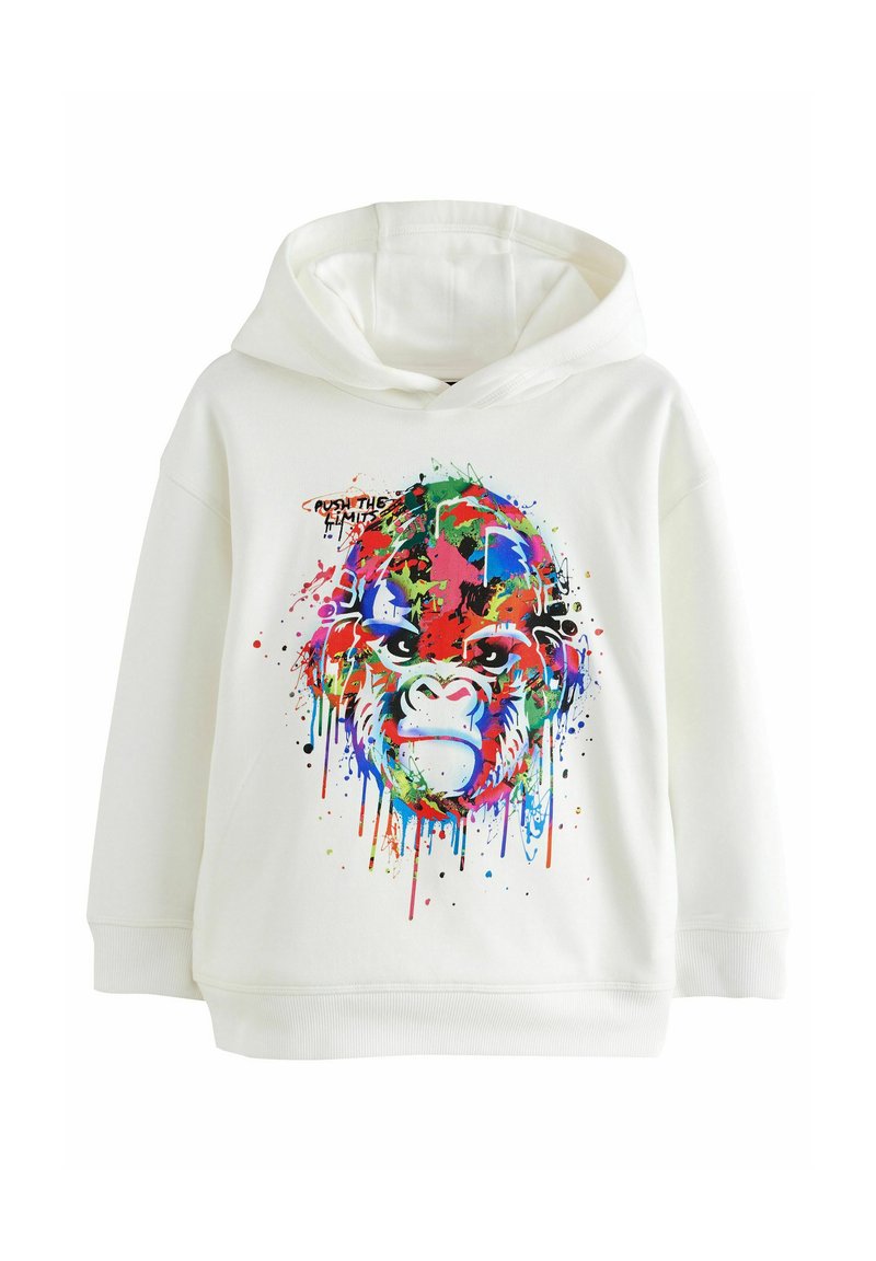 Felpa bianca con cappuccio caratterizzata da una grafica colorata di una gorilla e schizzi di vernice, grande design centrale e cappuccio con cordini. Tessuto in cotone morbido.