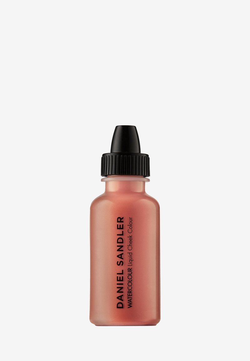 Small frosted glass bottle with black dropper cap containing peach liquid cheek color labeled Daniel Sandler Watercolour.