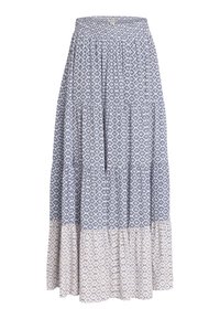 Falda larga azul y blanca con patrón floral, cinturilla elástica, diseño en capas y un panel de patrón floral más claro en el dobladillo.