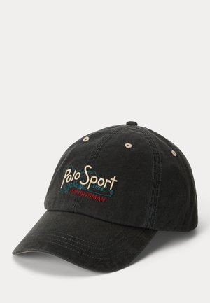 Casquette de baseball en coton noir avec œillets beiges et logo brodé "Polo Sport Sportsman" à l'avant.